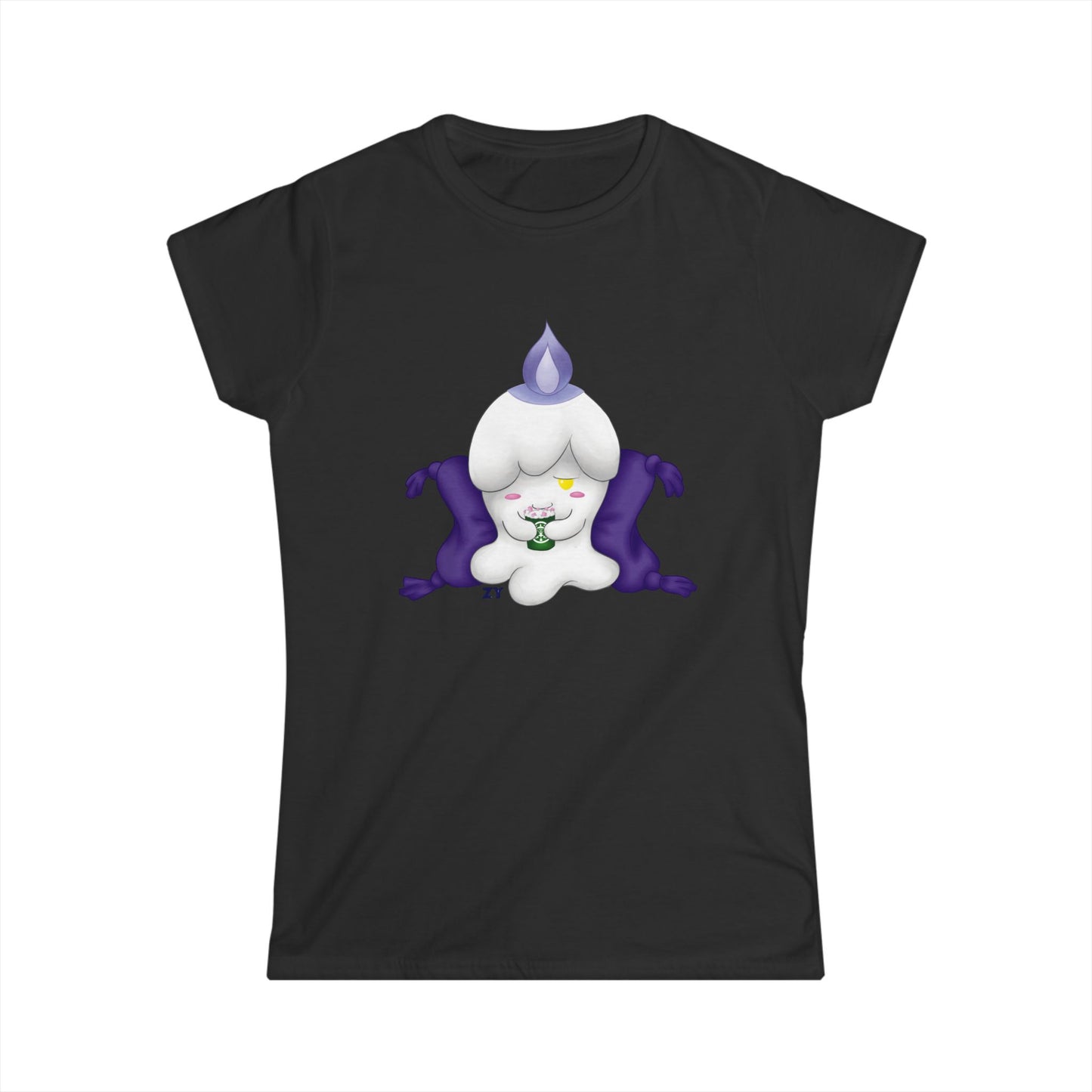 Ghost Monster Candle w/ Hot Chocolate Character Print Soft Style Ladies Tee