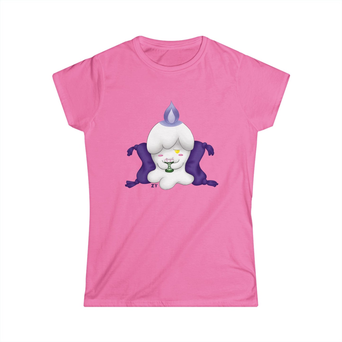 Ghost Monster Candle w/ Hot Chocolate Character Print Soft Style Ladies Tee