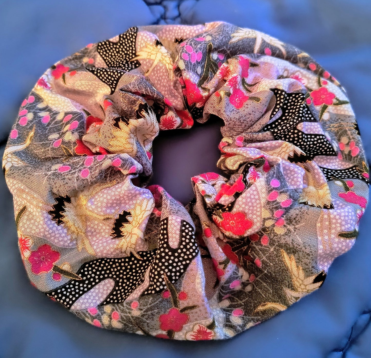 DISCOUNTED Purple/Silver Japanese Crane Print Cotton Hair Scrunchie