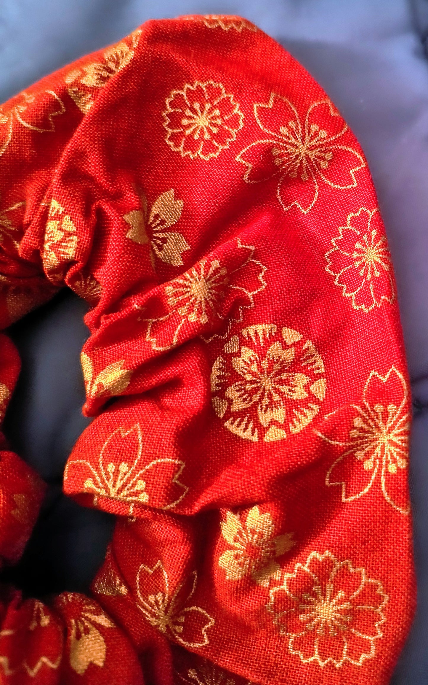 DISCOUNTED Red w/ Gold Blossoms Japanese Cotton Hair Scrunchie