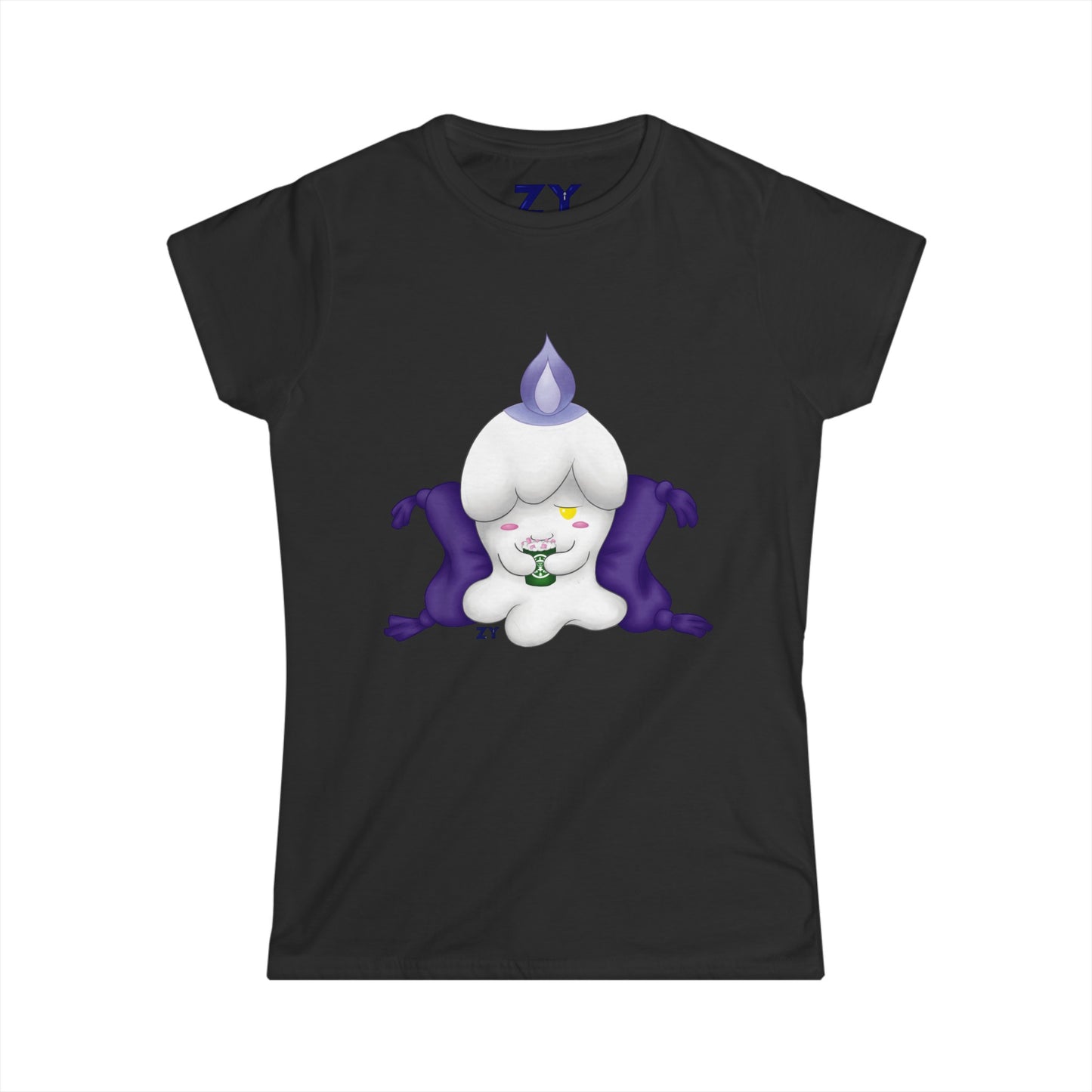 Ghost Monster Candle w/ Hot Chocolate Character Print Soft Style Ladies Tee