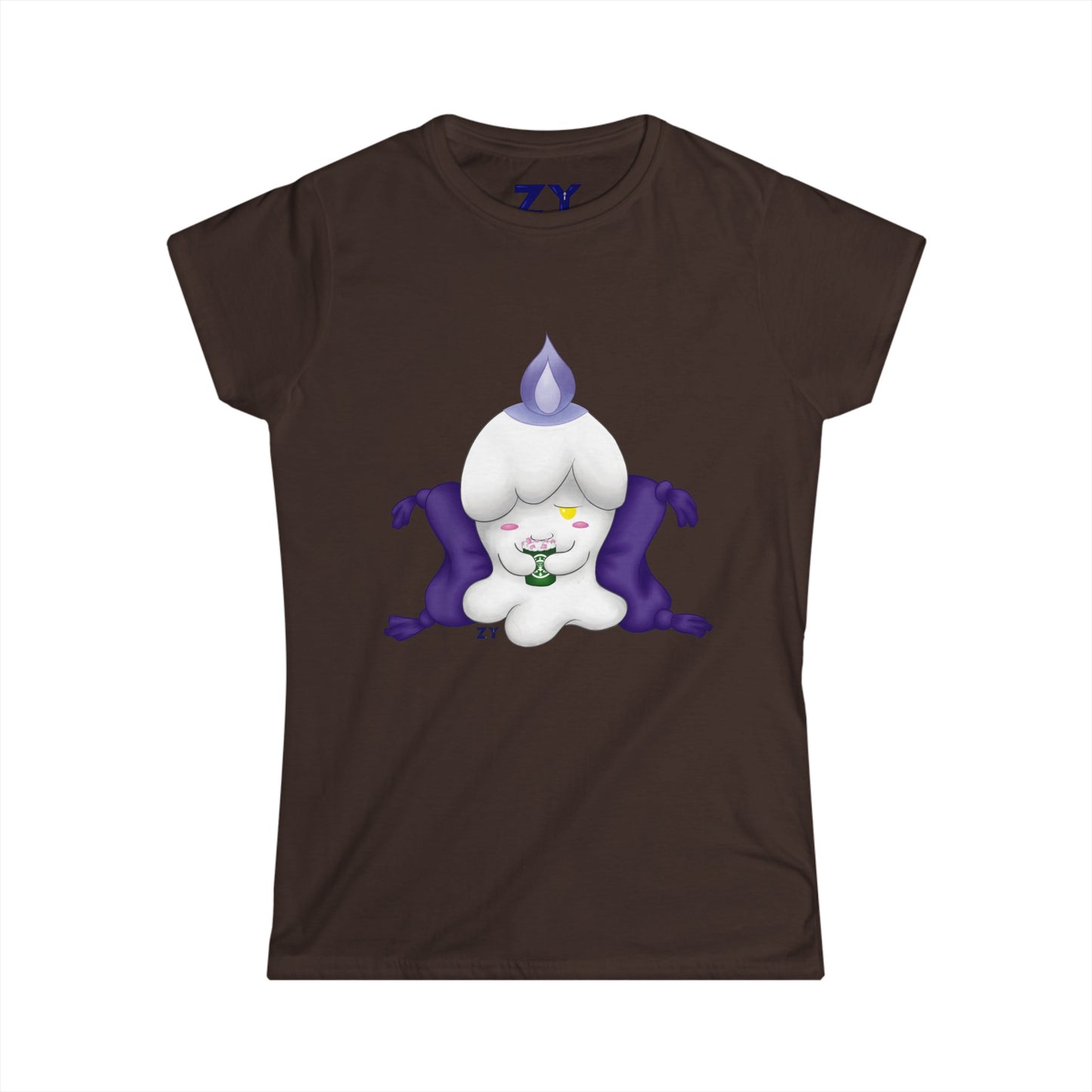 Ghost Monster Candle w/ Hot Chocolate Character Print Soft Style Ladies Tee