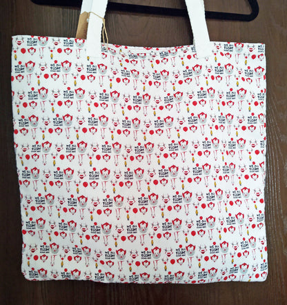 White 'We All Float Down Here' Horror Clown Print Tote Bag [Handmade by Zippy Yonyx]